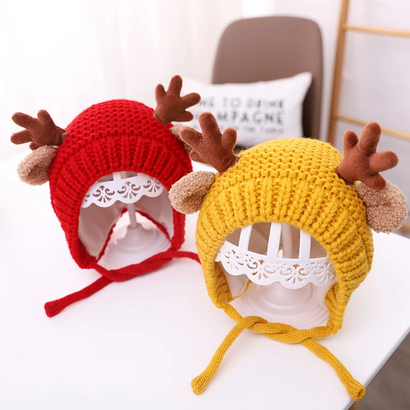 Aranyos szarvas jávorszarvas agancs baba kalap téli meleg plüss kötött gyapjú fülmelegítő gyermek kalap fiúk lányok sapka karácsonyi kalapok 1-4 év - 1