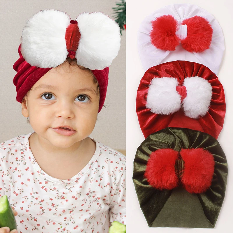 Baba turbán kalap Kényelmes kisgyermekek fejpántjai Karácsonyi fejfedők Aranyos Pompon golyó Csokorcsomó sapka Puha sapka Csecsemő kiegészítők - 1