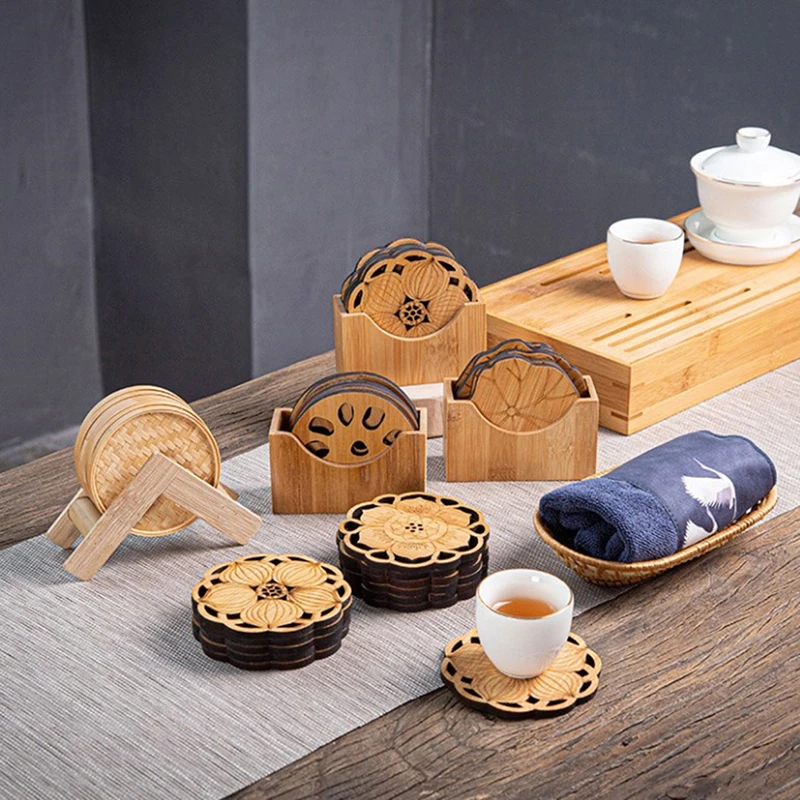 Bambusz csésze párna teapárna csúszásmentes bambusz Kung Fu teáspohár tartó étkezőasztal szigetelő párna szett - 3