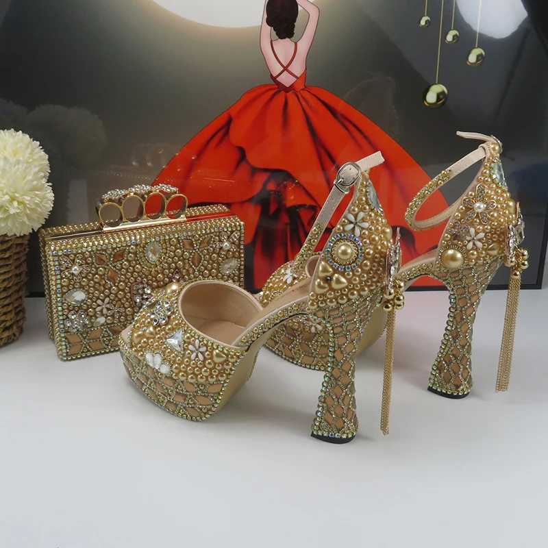 BaoYaFang pezsgő gyöngymárka Nyári menyasszonyi cipő és táska Divat szandálok Bokapánt Kristály szandálok Lányok esküvői cipők - 0