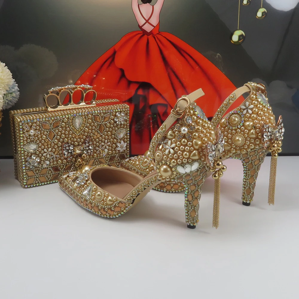 BaoYaFang pezsgő gyöngymárka Nyári menyasszonyi cipő és táska Divat szandálok Bokapánt Kristály szandálok Lányok esküvői cipők - 1