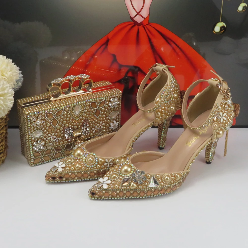 BaoYaFang pezsgő gyöngymárka Nyári menyasszonyi cipő és táska Divat szandálok Bokapánt Kristály szandálok Lányok esküvői cipők - 2
