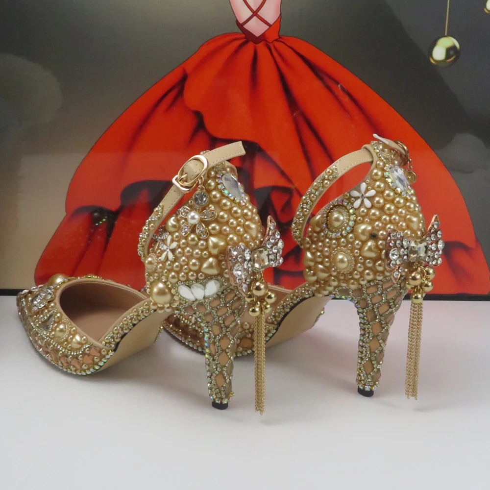 BaoYaFang pezsgő gyöngymárka Nyári menyasszonyi cipő és táska Divat szandálok Bokapánt Kristály szandálok Lányok esküvői cipők - 4