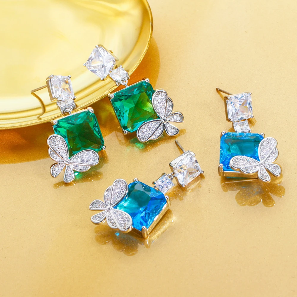BeaQueen Exquisite Light Green Blue CZ Crystal Stone Butterfly Drop Dangle fülbevaló nőknek Party kiegészítők Ékszer ajándék E499 - 1