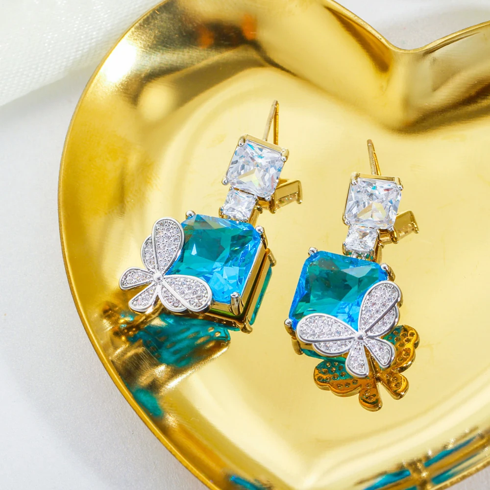 BeaQueen Exquisite Light Green Blue CZ Crystal Stone Butterfly Drop Dangle fülbevaló nőknek Party kiegészítők Ékszer ajándék E499 - 4