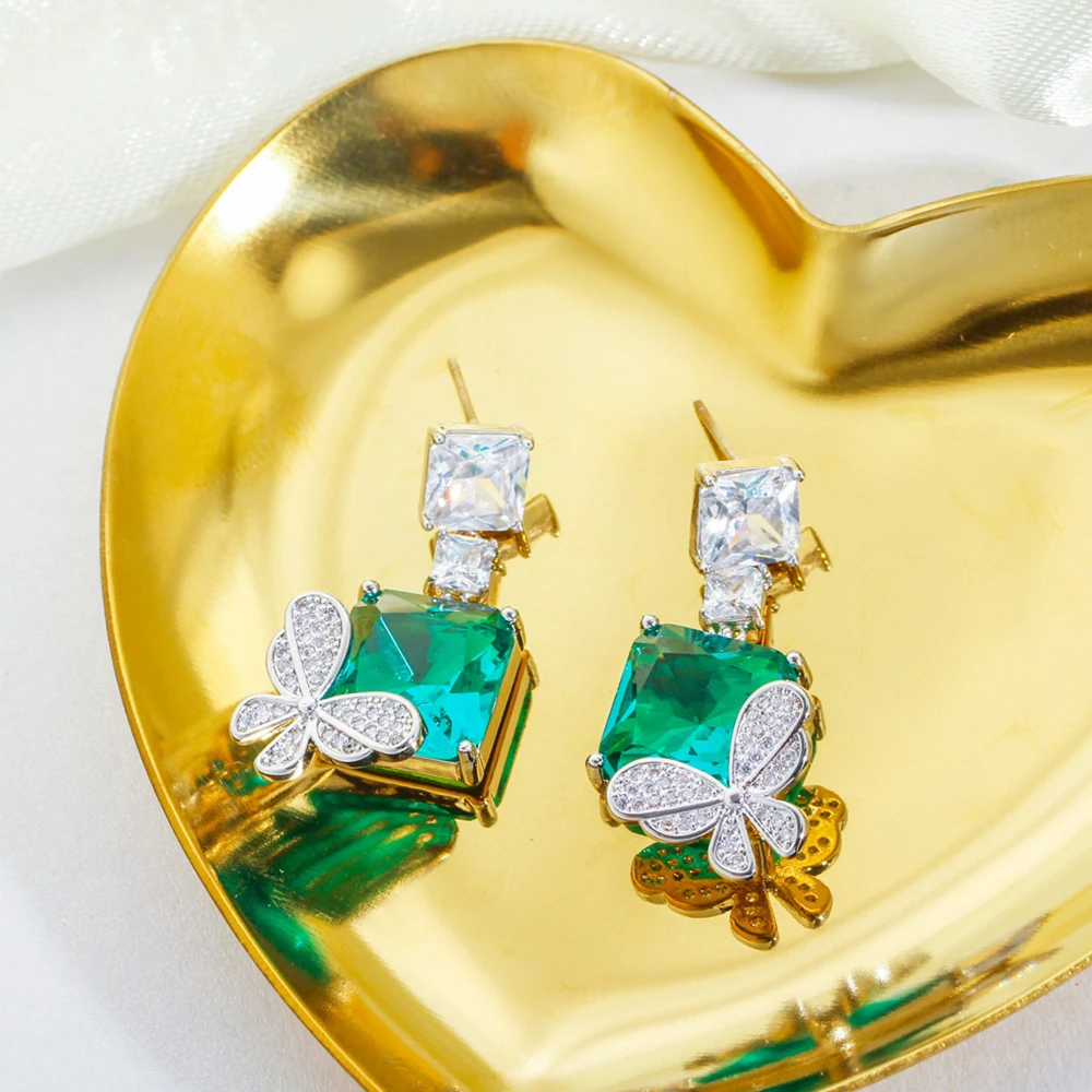 BeaQueen Exquisite Light Green Blue CZ Crystal Stone Butterfly Drop Dangle fülbevaló nőknek Party kiegészítők Ékszer ajándék E499 - 5