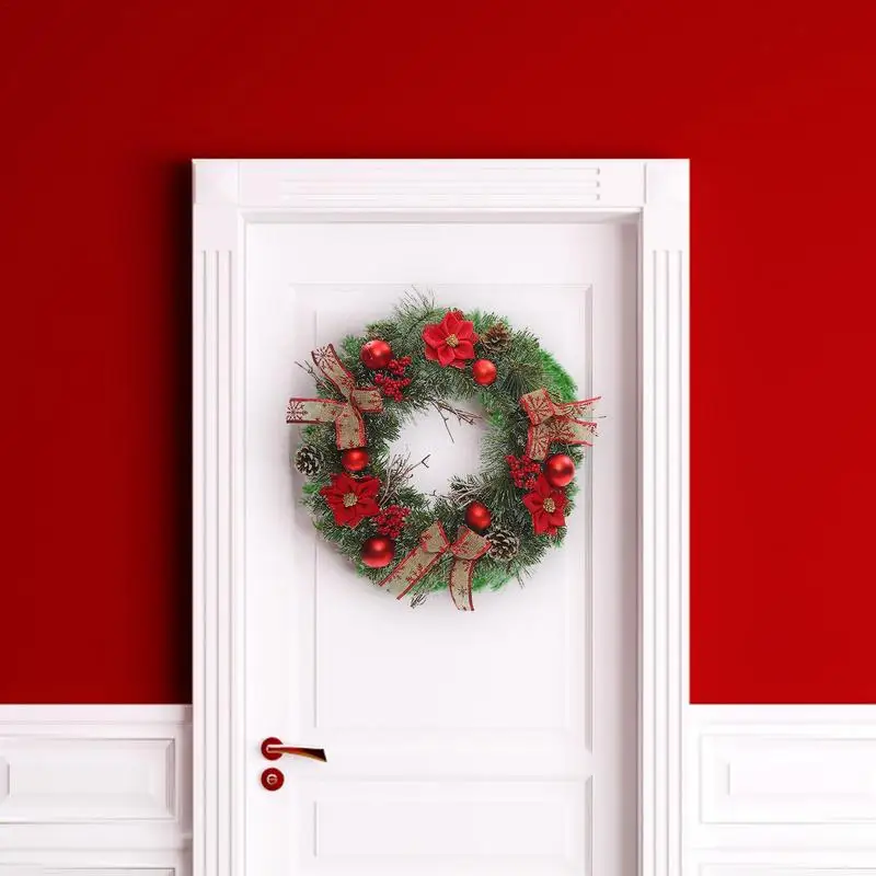 Belül lógó ajtó Karácsonyi koszorúk Mesterséges karácsonyi virágkoszorú a bejárati ajtóhoz Koszorú fenyőtűkkel Piros bogyós gyümölcsök íj - 2