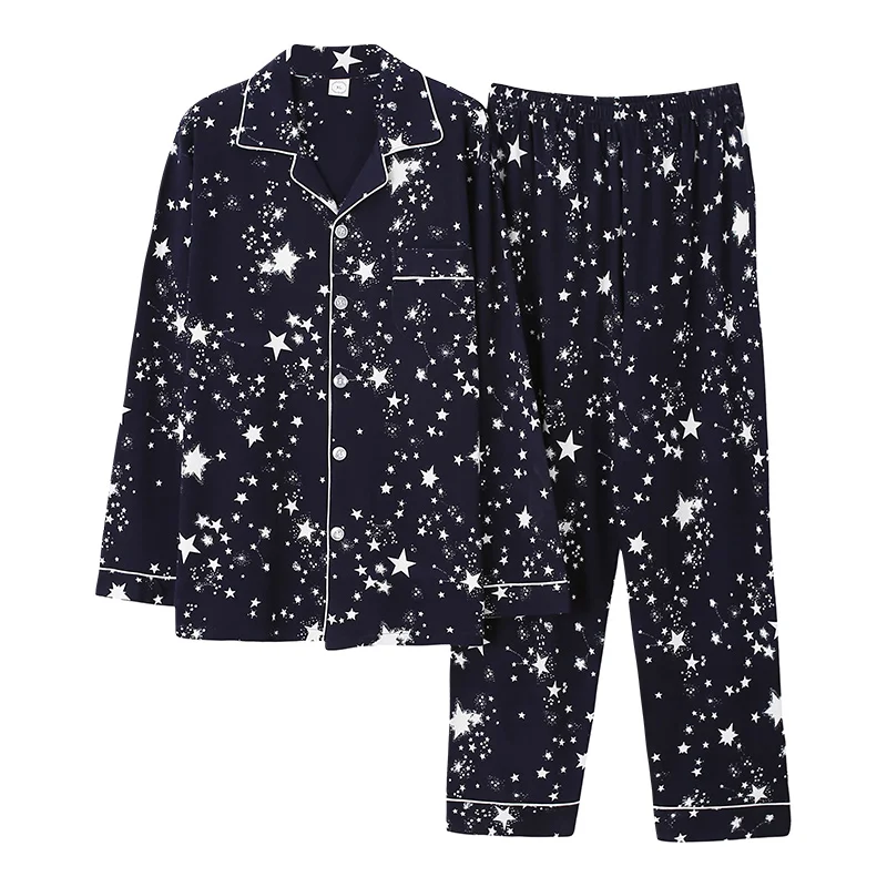 Big Size M-4XL tavaszi és őszi férfi pizsama szett 100% pamut hosszú ujjú hálóruha férfi lehajtható galléros pizsama - 2