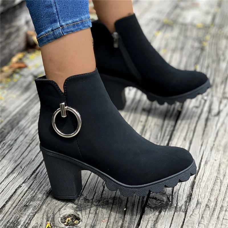 Bokacsizma nőknek Cipzáras női cipő Őszi magassarkú cipő divat egyszínű cipő kerek orrú 2023 Fekete szivattyúk Új Botas Mujer - 0