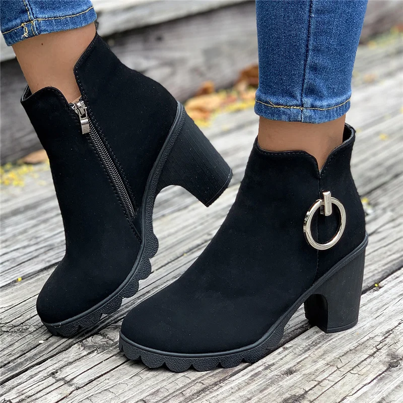 Bokacsizma nőknek Cipzáras női cipő Őszi magassarkú cipő divat egyszínű cipő kerek orrú 2023 Fekete szivattyúk Új Botas Mujer - 1