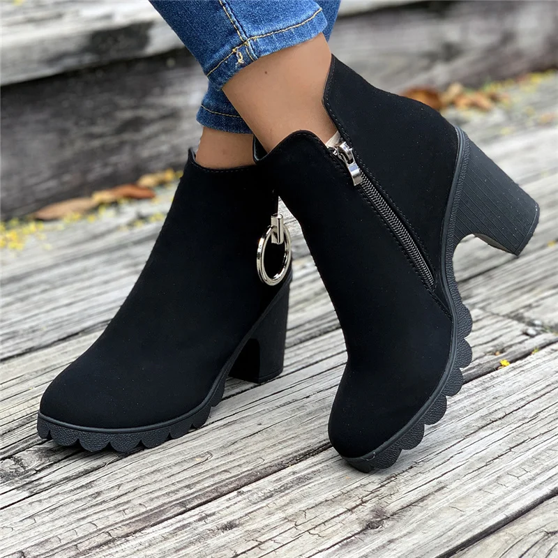 Bokacsizma nőknek Cipzáras női cipő Őszi magassarkú cipő divat egyszínű cipő kerek orrú 2023 Fekete szivattyúk Új Botas Mujer - 3