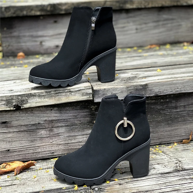 Bokacsizma nőknek Cipzáras női cipő Őszi magassarkú cipő divat egyszínű cipő kerek orrú 2023 Fekete szivattyúk Új Botas Mujer - 5