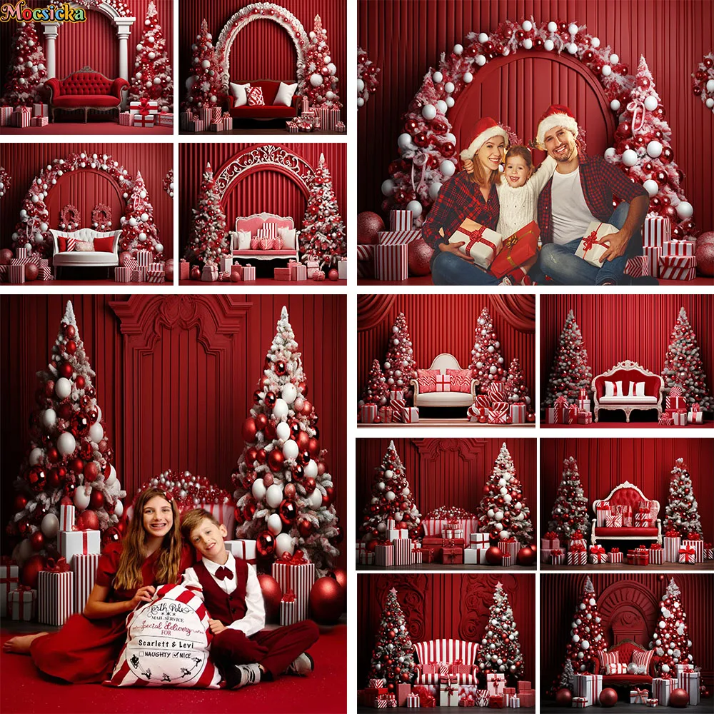 Boldog karácsonyt retro piros fal háttér fotózáshoz Karácsonyfa ajándékszoba kanapé dekoráció háttér kellék gyerek családi portré fotó - 0