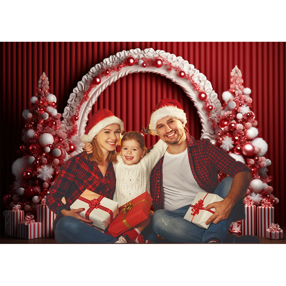 Boldog karácsonyt retro piros fal háttér fotózáshoz Karácsonyfa ajándékszoba kanapé dekoráció háttér kellék gyerek családi portré fotó - 1