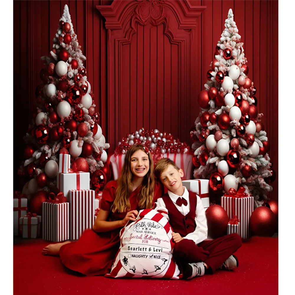 Boldog karácsonyt retro piros fal háttér fotózáshoz Karácsonyfa ajándékszoba kanapé dekoráció háttér kellék gyerek családi portré fotó - 2