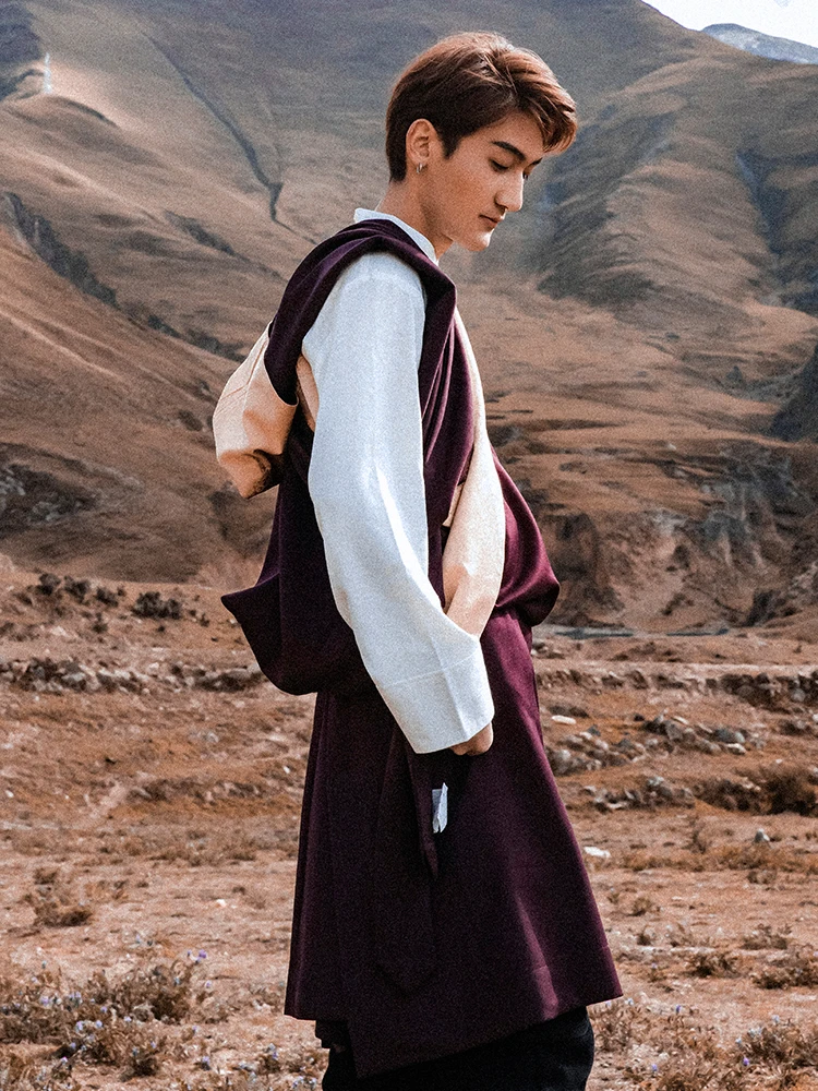 Bordeaux Kangba ruházat egyrétegű tibeti köntös kabát Lhasa Kangba ruházat téli tibeti férfiak - 1