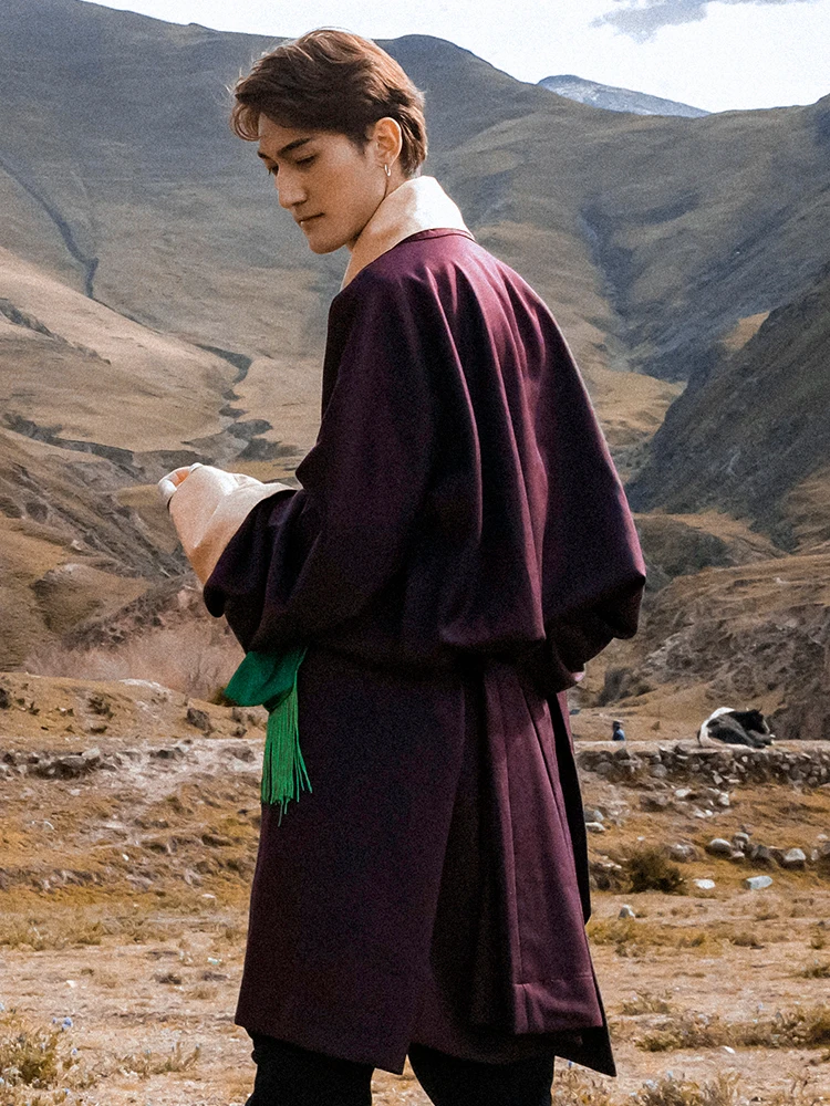 Bordeaux Kangba ruházat egyrétegű tibeti köntös kabát Lhasa Kangba ruházat téli tibeti férfiak - 2