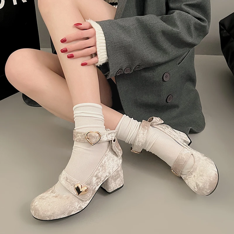Bársony cipők női bézs magas sarkú cipők Mary Jane 2023 márkás pumpák Szandálok női kerek orrú 12cm Bow Lolita Legújabb divat Retro A - 1