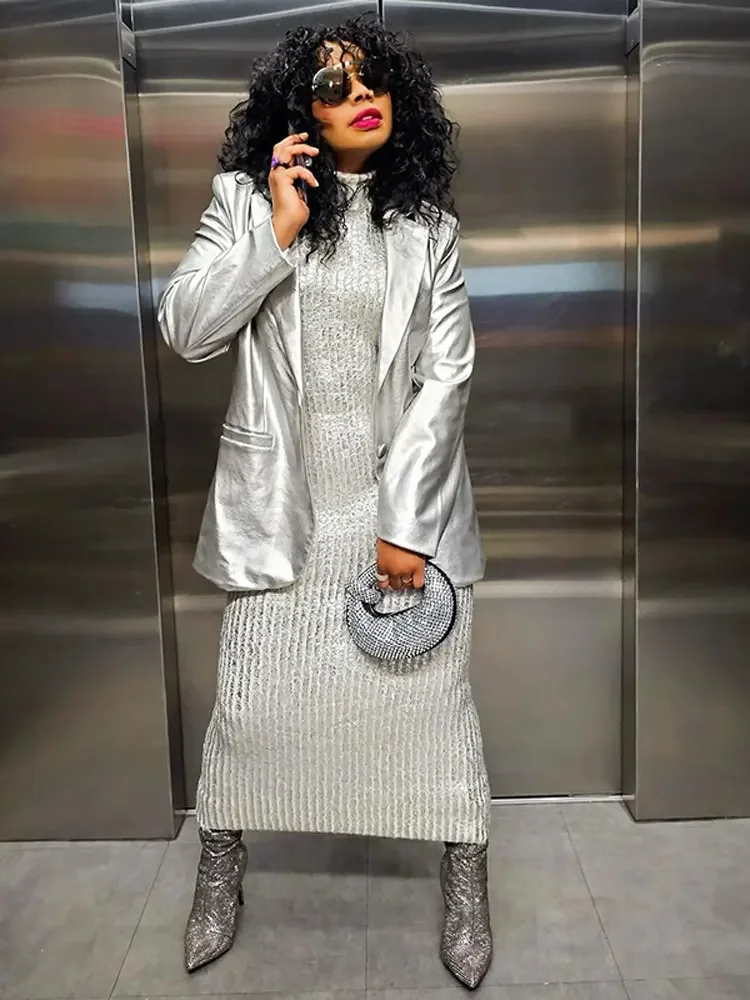 Chic metál ezüst női magas nyakú kötött hosszú ruhák 2023 ősz szexi ujjatlan fényes köntös divat hölgy party vestidos - 4