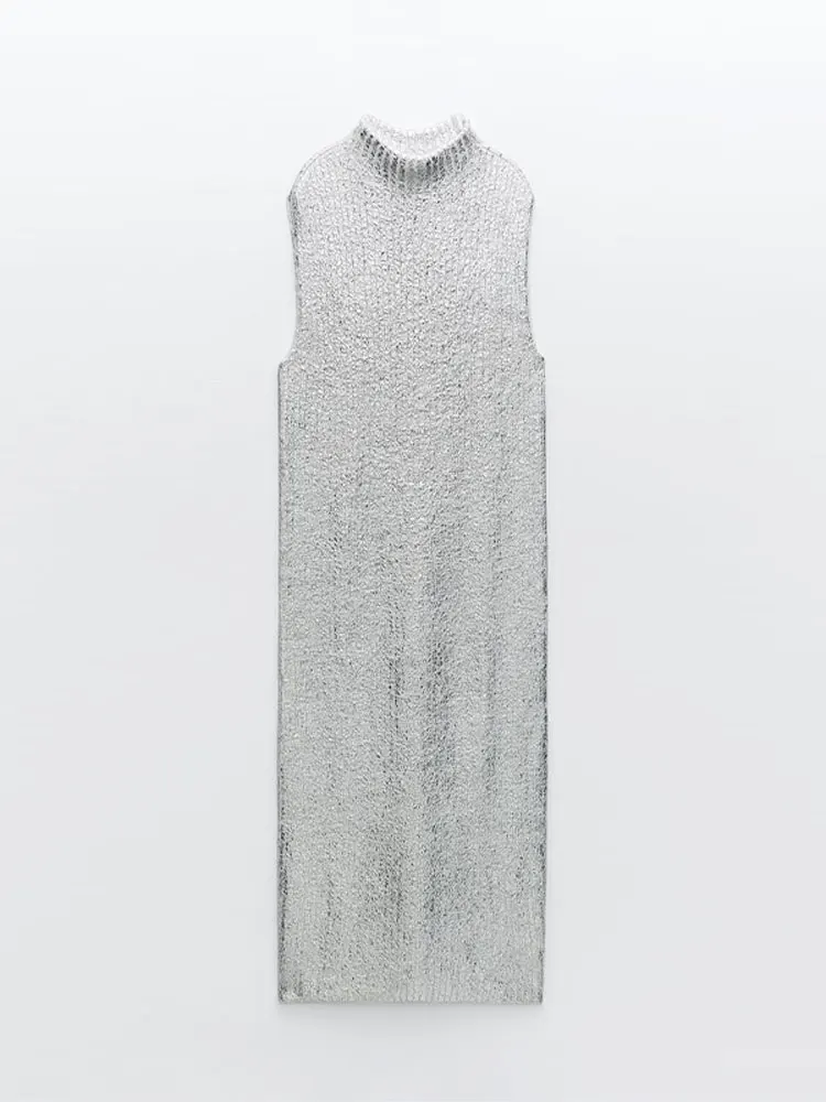 Chic metál ezüst női magas nyakú kötött hosszú ruhák 2023 ősz szexi ujjatlan fényes köntös divat hölgy party vestidos - 5