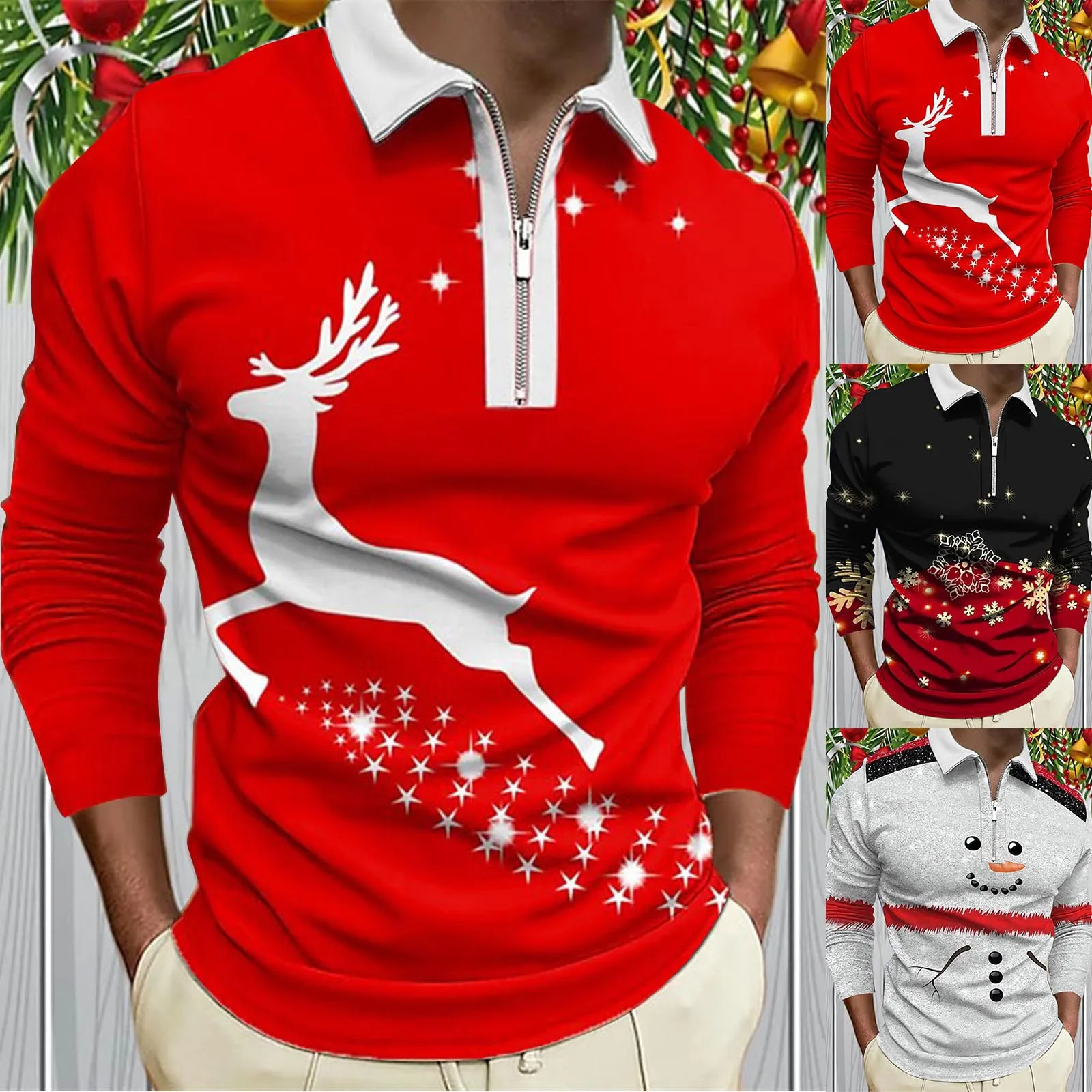 Christmas férfi pólók 3d digitális grafika nyomtatás ünnepi hajtóka cipzáras póló hosszú ujjú alapvető kellékek túlméretezett pulóver - 3