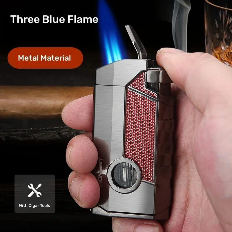 Creative Metal Blue Flame felfújható öngyújtó Három tűz közvetlen égésű szivar speciális szélálló látható légkamra öngyújtó - 0