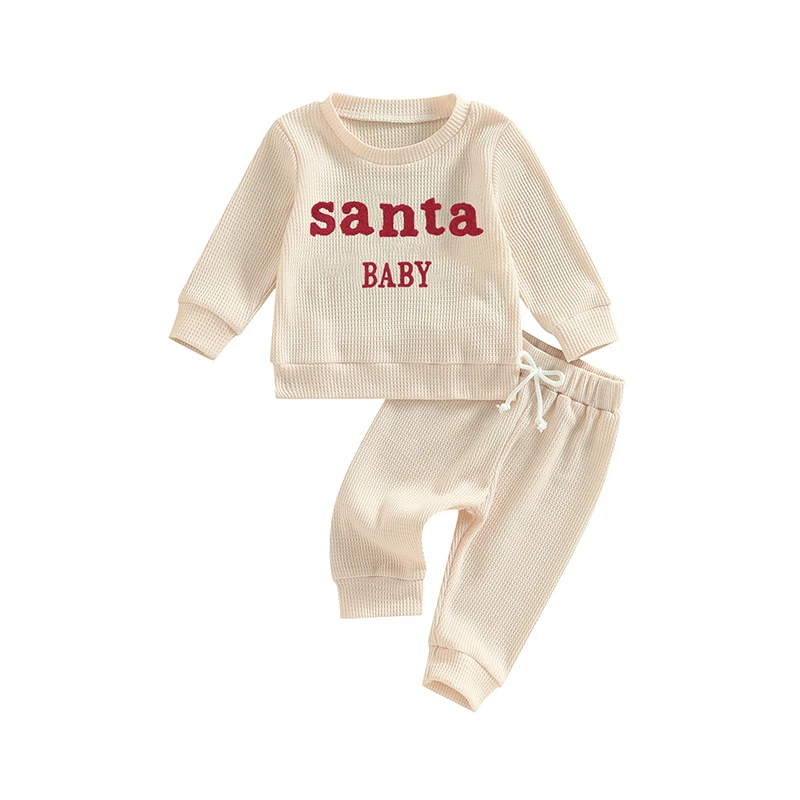 Csecsemő baba gofri karácsonyi ruhák levél hímzés hosszú ujjú kerek nyakú pulóver nadrág szett őszi 2db ruha - 1