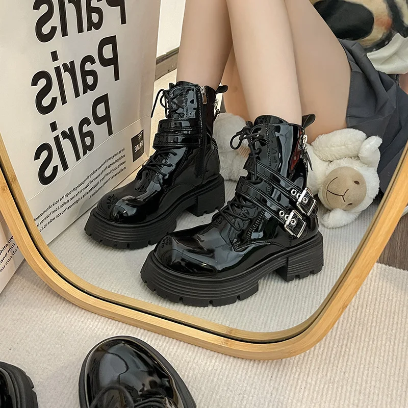 Csizma női Új 2023 Fűzős női cipő Luxus tervező cipzár kerek orrgumi Ladies Med Fashion Lolita Boka Fűzős pata H - 0