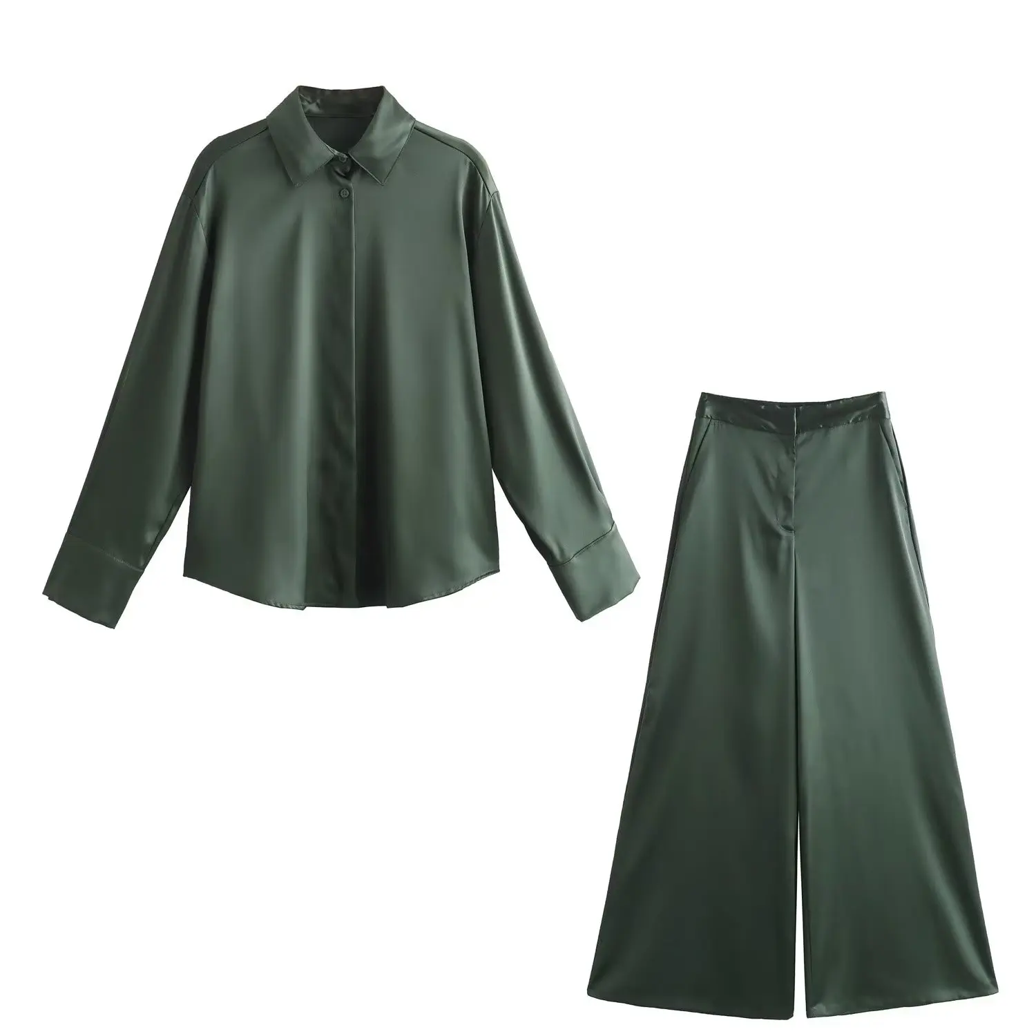 Dave&Di francia lusta barát stílus laza szatén magas derekú ing széles szárú nadrág alkalmi öltöny női kétrészes szett - 1