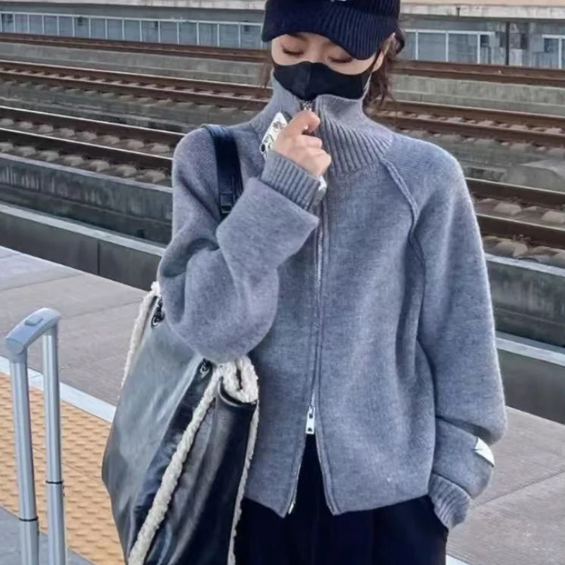 DAYIFUN-kötött kardigánok Nők Koreai gyengéd stílusú dupla cipzáras pulóver Rövid pulóverek Női kabátok Ősz Tél Új 2023 - 5