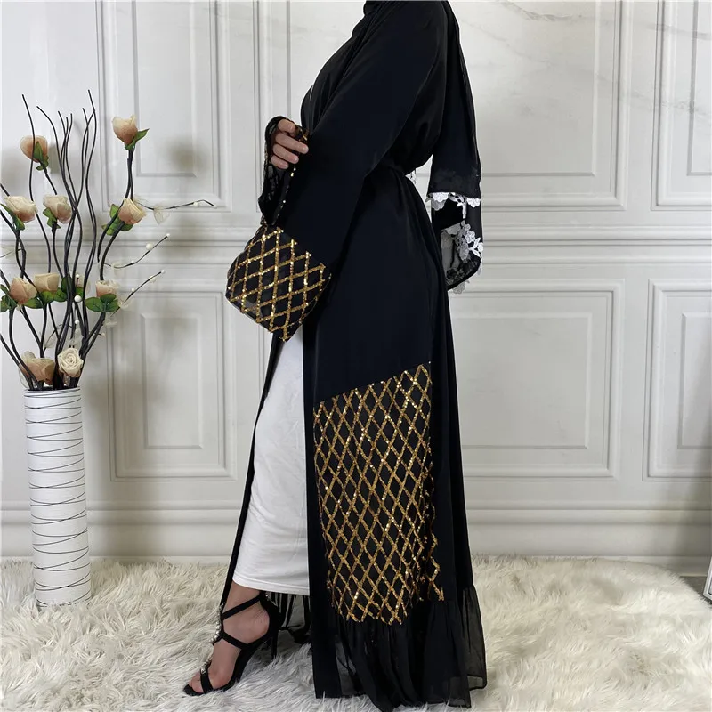 Dubai Abaya Flitterek Hímzés Iszlám ruházat Muszlim afrikai nők Őszi ruha Marokkói Jellaba Maxi köntös Sifonos Cardigan - 5