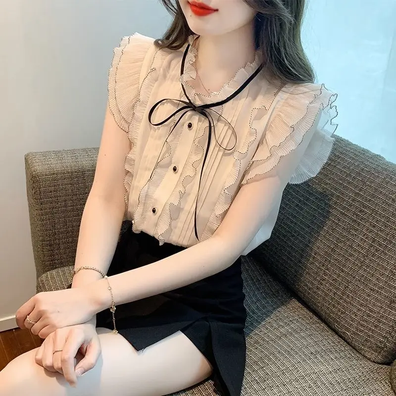 Egyszínű O-nyakú ujjatlan gombok Patchwork irodai hölgyblúzok Koreai divat édes fiatal stílus Nyár Új női ruházat - 0