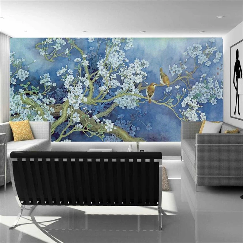 Egyéni tapéta 3D falfestmények festés kézzel festett virágok és madarak orchidea TV háttér falak nappali hálószoba 3d tapéta - 0
