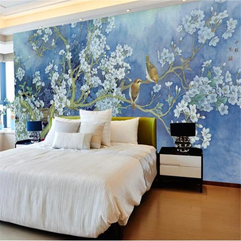 Egyéni tapéta 3D falfestmények festés kézzel festett virágok és madarak orchidea TV háttér falak nappali hálószoba 3d tapéta - 1