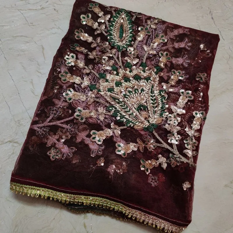 Egzotikus indiai Dupatta sál Virágos kézi hímzés Szövetháló Esküvői fátyol - 0