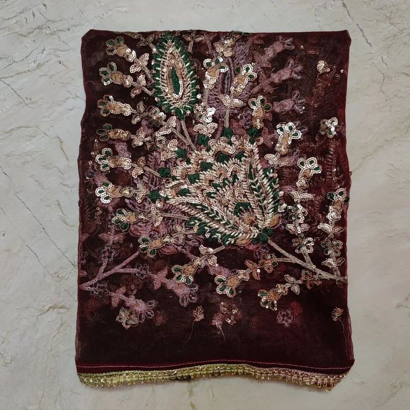 Egzotikus indiai Dupatta sál Virágos kézi hímzés Szövetháló Esküvői fátyol - 1