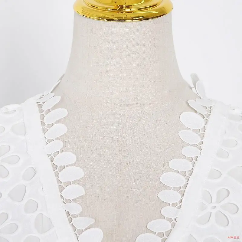 Elegáns Tiszta fehér Hosszú ruha Női V-nyakú Félujjú Magas derékú Üreges Design Karcsú ruha Női Tavasz Új divat Klasszikus - 4