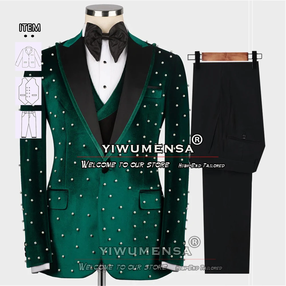 Elegáns vőlegény viselet öltönyök Férfi zöld bársony gyöngyök blézer egyedi gyártású 3 részes kabát mellény nadrág férfi ruhák bankett party szmoking - 0