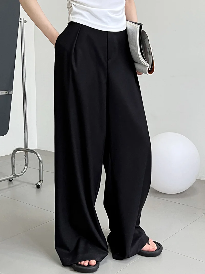 ENjoyce 2023 Őszi nők vintage rakott magas derekú fekete öltönynadrág irodai hölgy munkaruha laza széles szárú drapériás nadrág - 1