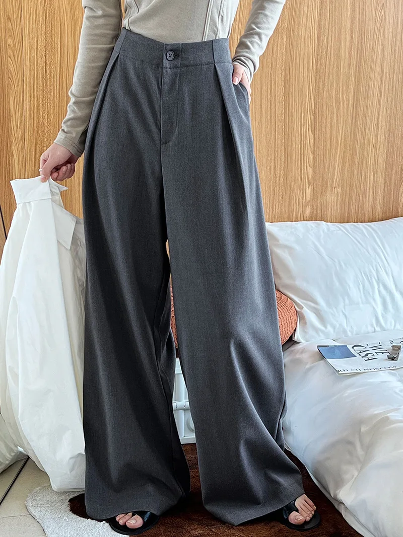 ENjoyce 2023 Őszi nők vintage rakott magas derekú fekete öltönynadrág irodai hölgy munkaruha laza széles szárú drapériás nadrág - 2