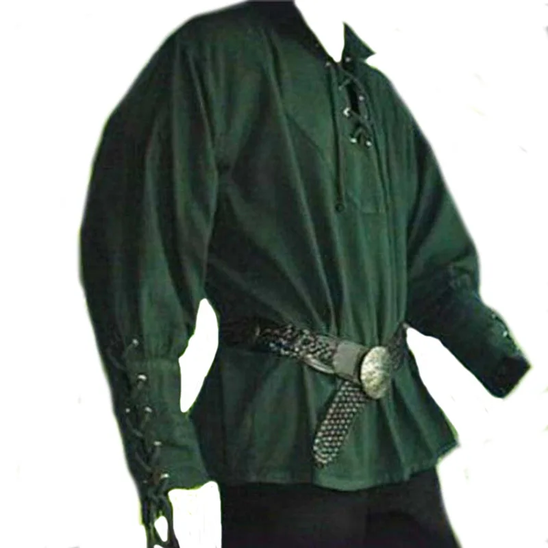 Európai és amerikai nyakkendős ujjú férfi retro középkori pántos hosszú ujjú ing egyszínű laza felső - 2