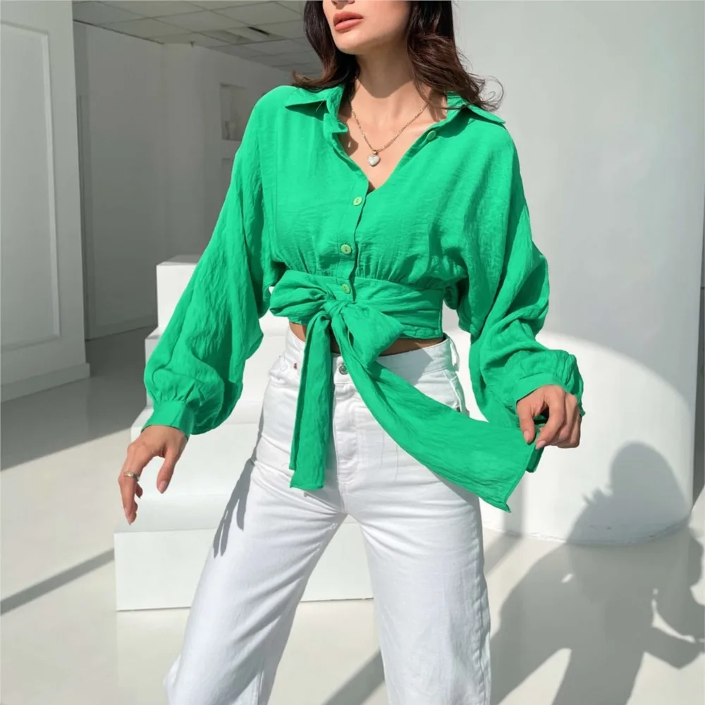 Fashion Slim White Green női blúz 2024 elegáns hajtóka hosszú ujjú crop ingek alkalmi klasszikus fűzős Blusas felső női - 2