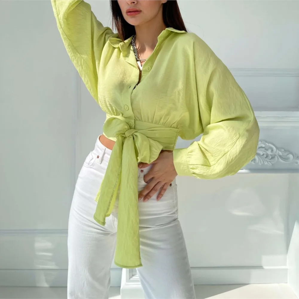 Fashion Slim White Green női blúz 2024 elegáns hajtóka hosszú ujjú crop ingek alkalmi klasszikus fűzős Blusas felső női - 3