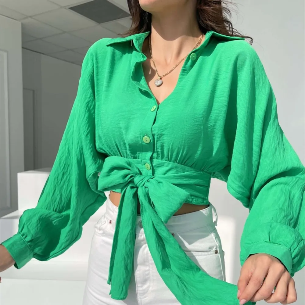 Fashion Slim White Green női blúz 2024 elegáns hajtóka hosszú ujjú crop ingek alkalmi klasszikus fűzős Blusas felső női - 5