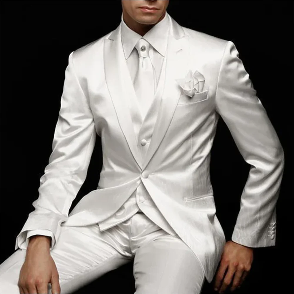 Fehér esküvői vőlegény öltönyök Teljes szett Slim Fit Satin Blazer Tuxedos hivatalos báli parti férfi öltönyök Alkalmi férfi öltönyök 2024 egyedi készítésű - 0