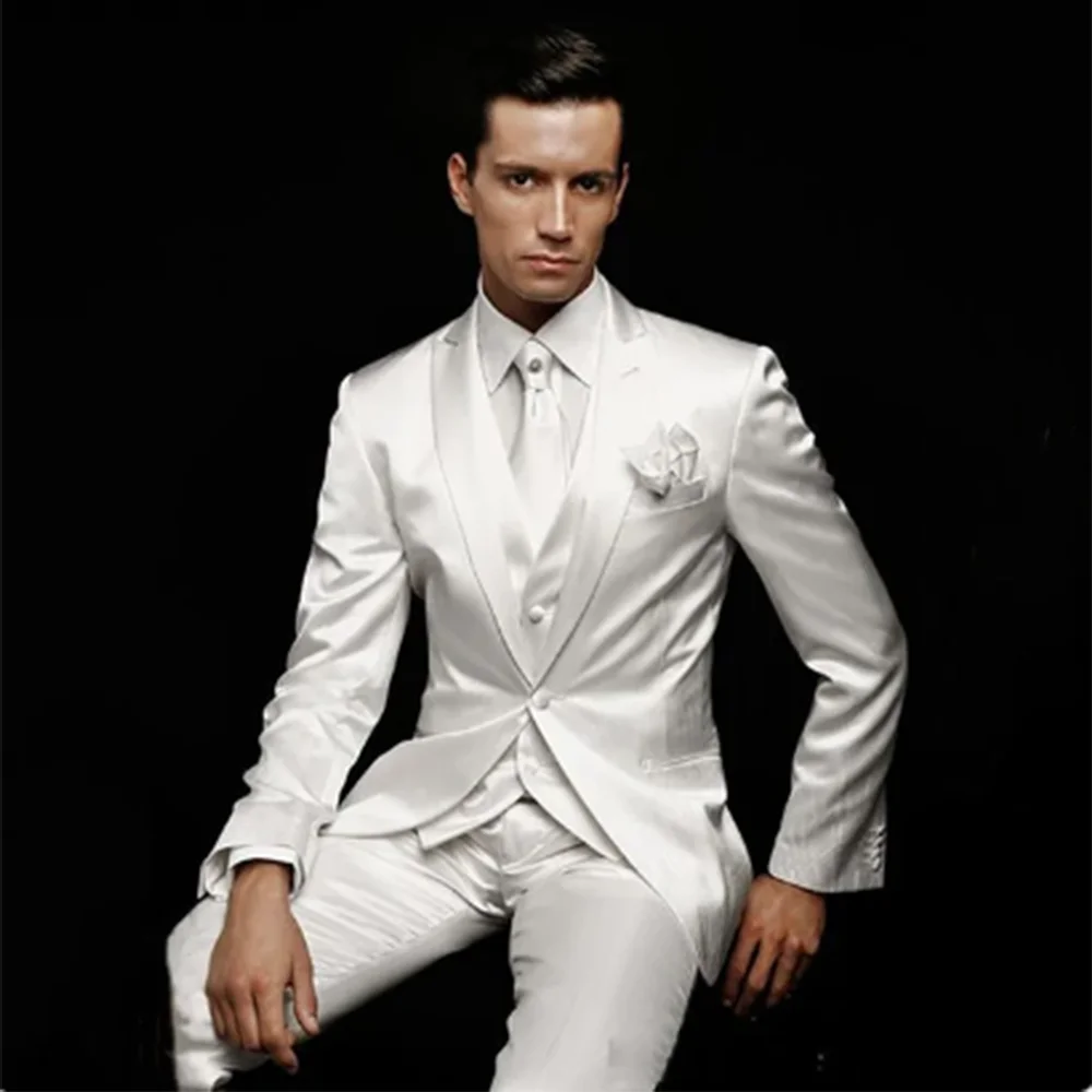Fehér esküvői vőlegény öltönyök Teljes szett Slim Fit Satin Blazer Tuxedos hivatalos báli parti férfi öltönyök Alkalmi férfi öltönyök 2024 egyedi készítésű - 1