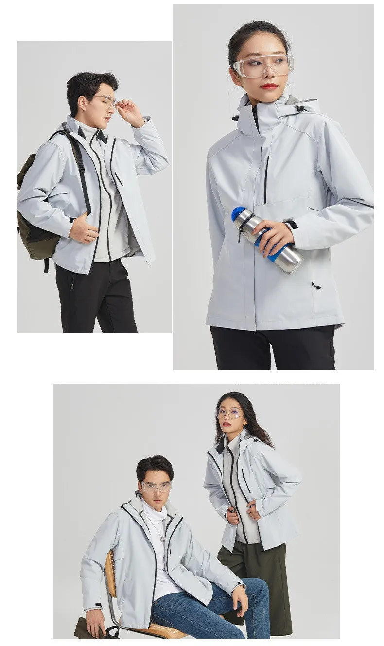 Férfi egyszínű rohamruha Levehető belső bélés pár plüss szigetelés Kényelmes kabát alkalmi szélálló kétrészes készlet - 5
