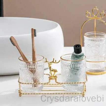 Fürdőszoba kellékek Üveg szájvíz csésze szett könnyű luxus egyszerű arany jávorszarvas vaspolc fogazott henger csésze pár fogmosás - 1