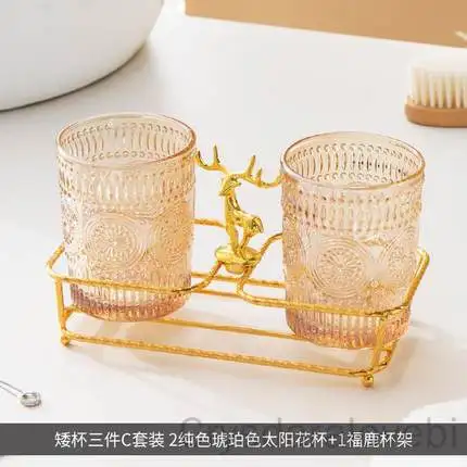 Fürdőszoba kellékek Üveg szájvíz csésze szett könnyű luxus egyszerű arany jávorszarvas vaspolc fogazott henger csésze pár fogmosás - 2