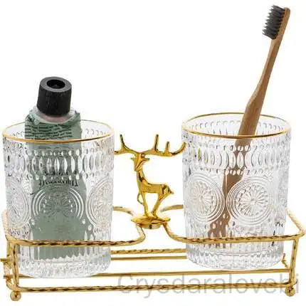 Fürdőszoba kellékek Üveg szájvíz csésze szett könnyű luxus egyszerű arany jávorszarvas vaspolc fogazott henger csésze pár fogmosás - 4